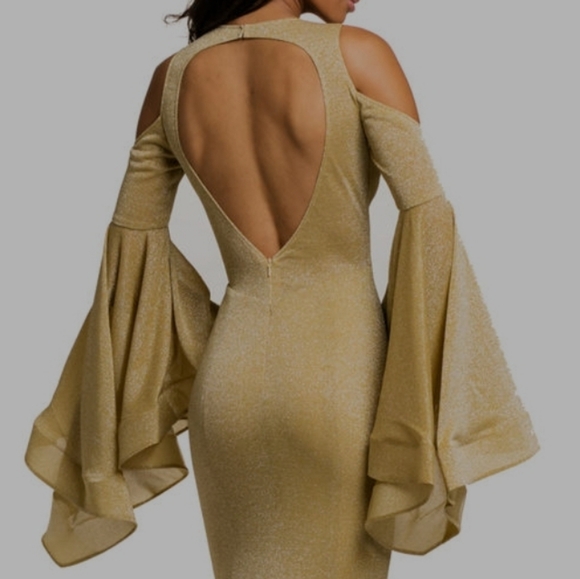 JOHNATHAN KAYNE Yellow Gold lame cold shoulder long sleeve pageant prom dress 2 - Picture 4 of 6
